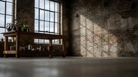 Industrial loft interior with exposed brick walls, large windows casting natural light shadows, wooden furniture and concrete floor for modern design projects.
