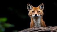 Red fox portrait with direct gaze against dark background, showing detailed facial features and bright orange fur, natural wildlife photography composition.