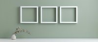 Three white square frames on a sage green wall with a small ceramic vase and eucalyptus branch, minimal Scandinavian interior decor mockup.