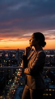 Professional businesswoman contemplating city skyline at sunset from rooftop terrace with dramatic orange and purple twilight sky and urban lights below.