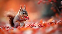 Red squirrel holding pine cone among autumn red berries and leaves, soft bokeh background creates dreamy woodland scene, wildlife photography in fall season.