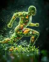 Running figure composed of fresh vegetables and greens on dark background with dynamic motion effect and glowing particles. Concept of healthy lifestyle.