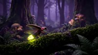 Glowing firefly with translucent wings resting on moss-covered log in mystical purple forest with soft ethereal lighting for fantasy storytelling projects.