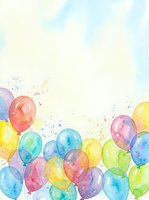 Watercolor party balloons in rainbow colors with confetti on light background for birthday celebrations and festive events.