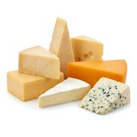 Assorted cheese wedges and blocks including cheddar, aged varieties, and blue cheese isolated on white background for food and culinary design use.