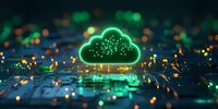 Glowing green cloud symbol on circuit board with bokeh lights representing cloud computing technology and digital data storage concept.