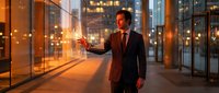 Professional businessman in dark suit holding glowing digital hologram in modern glass office building lobby during evening hours with city lights background.