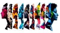 Multiple female profiles in vibrant double exposure effect showing faces merged with colorful abstract shapes and patterns, artistic portrait composition on black background.