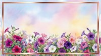 Watercolor petunia flowers border with rose gold frame on pastel sky background, copy space for text, greeting card or invitation design.