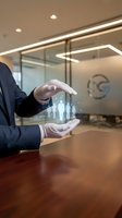 Businessman protecting holographic team figures with hands in modern office representing leadership and employee care concepts.