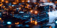 Miniature delivery van on computer keyboard with glowing circuit patterns and bokeh lights creating futuristic cyberpunk atmosphere for technology concepts.
