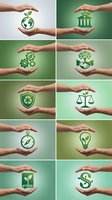 Hands holding green sustainability icons including globe, building, gears, plant, shield, scales, compass, lightbulb, house and dollar sign on gradient backgrounds. Use for environmental responsibility, corporate social responsibility, green business and eco-friendly initiatives.