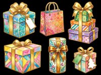 Colorful gift boxes with golden bows isolated on transparent background, ready for t-shirt designs, clipart, stickers, sublimation, print-on-demand products and festive decorations.