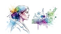 Female scientist profile with colorful hair and scientific symbols including DNA, atoms, molecules and laboratory equipment in watercolor style.