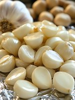 Fresh peeled garlic cloves in macro view on silver foil background, showing natural texture and glossy surface of aromatic cooking ingredients.