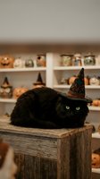 Black cat wearing witch hat sitting on wooden box with Halloween decorations on shelves in background for seasonal holiday celebration and spooky autumn festivities.