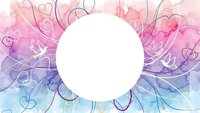 Watercolor heart pattern with white circle frame on gradient pink purple blue background for romantic design projects and love themed graphics.