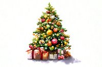 Festive Christmas tree decorated with colorful ornaments and surrounded by wrapped presents, perfect for holiday greeting cards and seasonal designs.