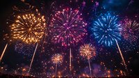Spectacular fireworks display lighting up night sky with golden, pink and blue bursts creating magical atmosphere for celebration and holiday backgrounds.