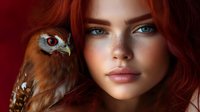 Young woman with bright blue eyes and red hair in artistic portrait composition merged with owl face, creating surreal nature-human hybrid on dark red background.