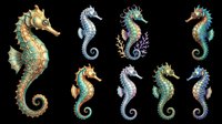 Seahorse collection in various ornamental styles with detailed patterns, isolated on transparent background. Ready for t-shirt design, clipart, stickers, sublimation, and print-on-demand products.