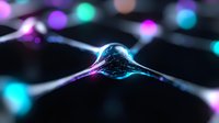 Glowing neural network visualization with neon blue and purple colors showing synaptic connections on dark background, abstract science concept for artificial intelligence.