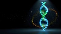Glowing DNA double helix structure with particle effects on dark background for genetic research, biotechnology and medical science concepts.
