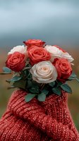 Fresh red and white roses bouquet held in hands wearing cozy knitted sweater sleeves against soft blurred background, romantic Valentine's day or anniversary concept.