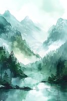 Misty mountain lake landscape in soft green tones with pine forest reflections and snow-capped peaks, watercolor style artwork for wall decor and design projects.