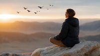 Young man in hoodie sitting on mountain rock watching birds fly at golden sunset, peaceful meditation and nature connection moment for wellness content.