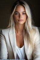 Young Caucasian businesswoman with long platinum blonde hair wearing white blazer and delicate necklace against dark background, professional portrait with soft lighting.