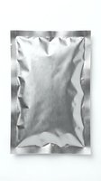 Blank silver foil pouch isolated on white background, mockup for food, snack, or supplement packaging design.