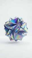 Abstract holographic geometric sphere with iridescent triangular facets creating rainbow reflections on white background for modern design projects.