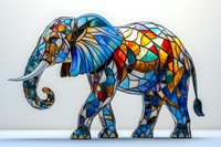 Mosaic elephant artwork featuring vibrant stained glass patterns in blue, orange, and gold tones. Decorative animal silhouette with intricate geometric segments creates striking wall art piece.