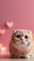 Adorable cream Scottish Fold cat with big eyes against pink background with heart-shaped bokeh lights, perfect for Valentine's Day or pet love concepts.