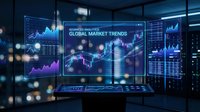 Advanced analytics dashboard displaying global market trends with multiple holographic screens showing financial data charts and graphs in modern trading office.