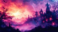 Mystical castle silhouette against vibrant pink and purple sunset sky, glowing windows illuminate gothic towers amid misty forest landscape with flying bats.