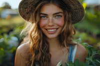 Beautiful young Caucasian woman with natural makeup and radiant smile wearing straw hat in garden setting. Perfect for beauty, lifestyle, and natural cosmetics advertising.