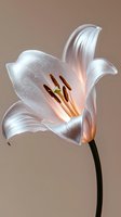 Glowing white lily flower with delicate petals and stamens illuminated from within, creating ethereal sparkle effect against soft brown background.