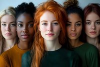 Diverse group of young women in knit sweaters standing in line, showcasing natural beauty and different skin tones against neutral background. For beauty and fashion campaigns.