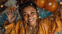Young African American woman with dreadlocks celebrating at festive party with golden balloons and decorations, smiling joyfully with arms raised in excitement.