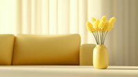 Yellow mimosa flowers in pastel vase on table against beige sofa and curtains background, soft natural lighting creates cozy minimalist spring home interior.