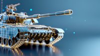 Military tank model with detailed armor plating and cannon barrel against blue background. Combat vehicle miniature for gaming, education, and design projects.