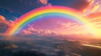 Vibrant rainbow arches over mountain landscape at sunset with dramatic pink and orange clouds, deep blue sky, and distant peaks reflecting golden light.