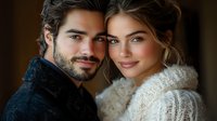 Young attractive couple in cozy winter sweaters embracing intimately, warm romantic portrait for lifestyle and relationship content.
