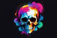 Colorful skull with rainbow smoke effect and paint drips on black background, artistic design featuring vibrant gradient colors and smooth flowing elements.