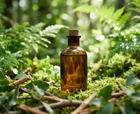 Amber glass bottle with cork stopper nestled among green ferns and moss in natural forest setting for organic skincare and aromatherapy products.