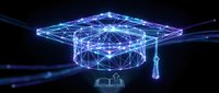 Digital graduation cap made of glowing blue neon lines and geometric connections on dark background for education technology concepts.