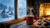 Cozy winter cabin scene with steaming red mug on windowsill, Welcome written on foggy glass, snowy village view and glowing fireplace.