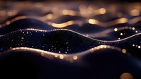 Abstract flowing waves with golden particles and bokeh lights creating elegant motion blur effect for luxury backgrounds and modern digital art compositions.